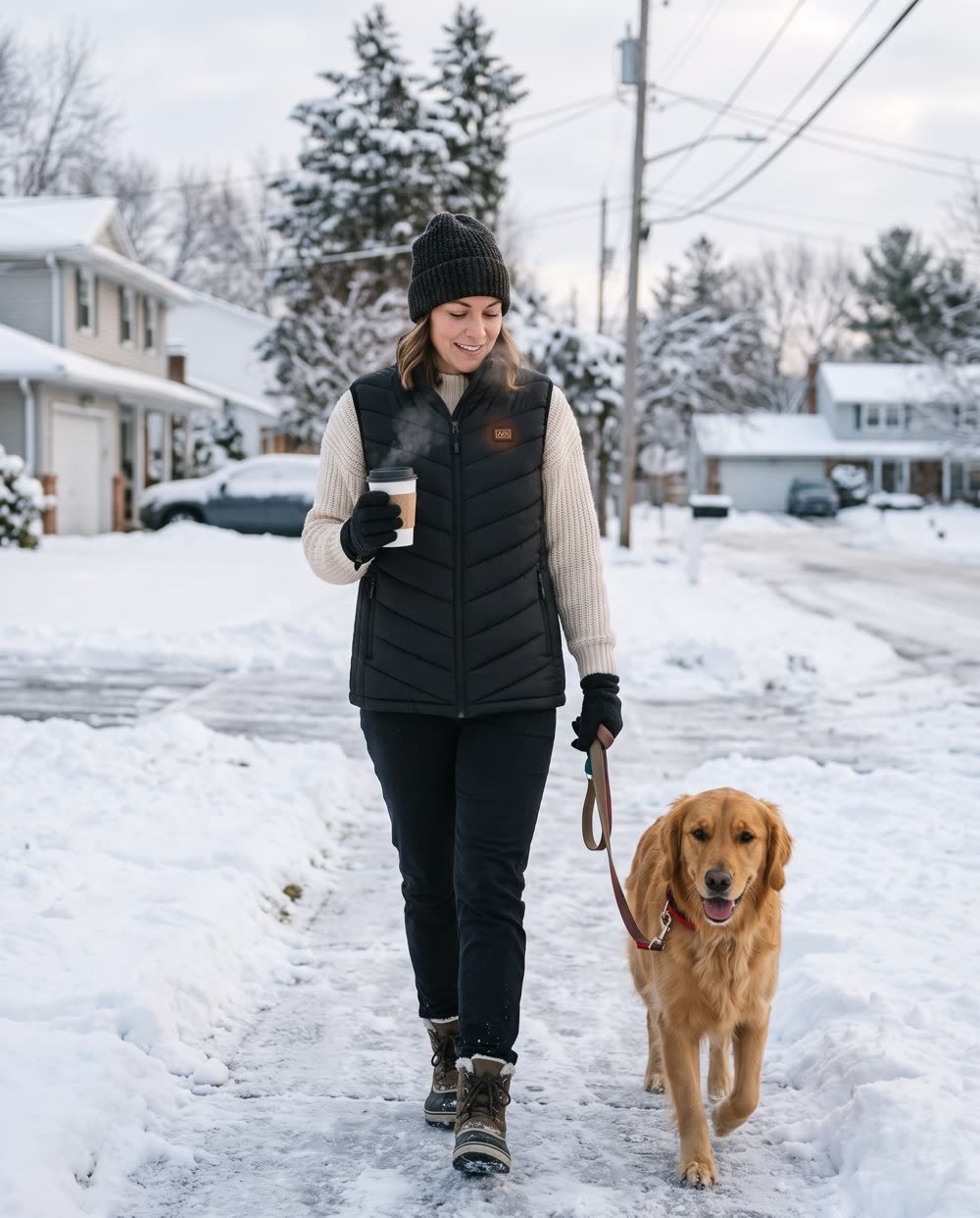 Woman walking her dog in the snow wearing the heated vest