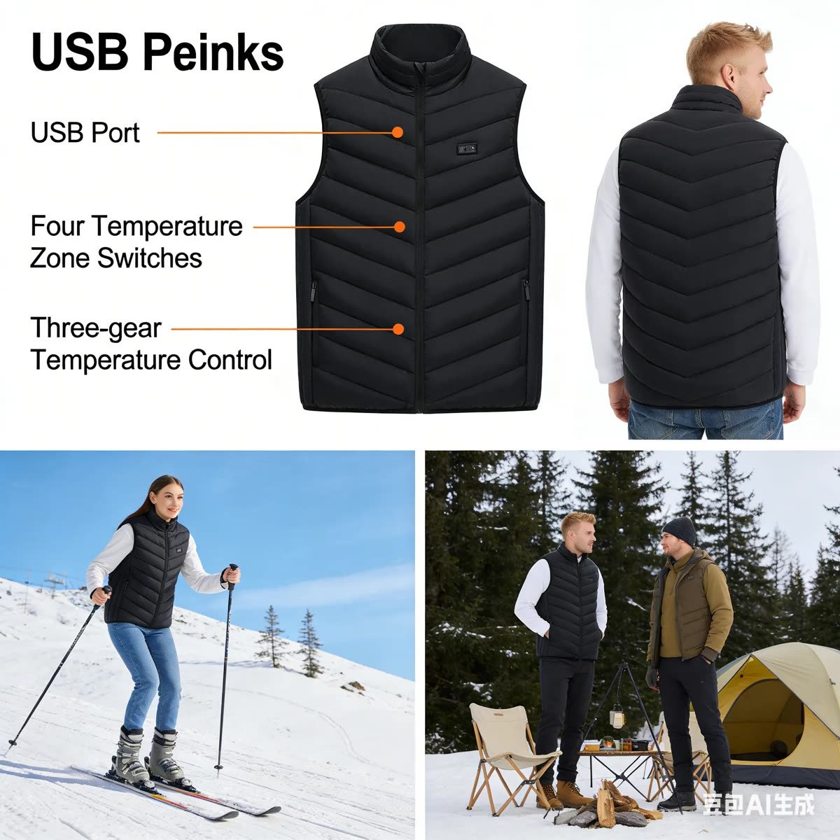 Vest details: USB port, zone switches, temperature control