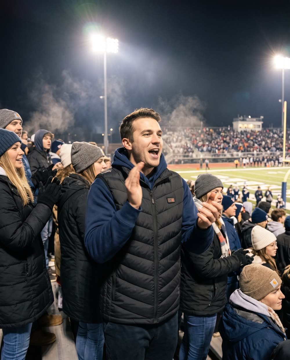 Fan at a night football game wearing the heated vest