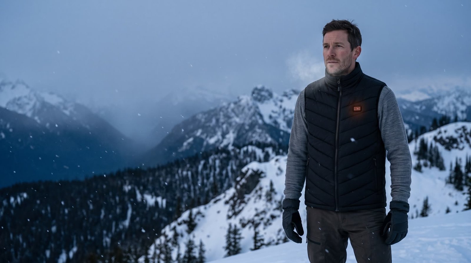 Man on a snowy mountain ridge wearing the HeatingVest heated vest