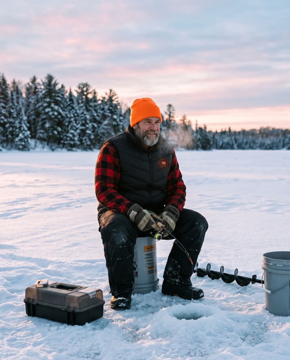 Man ice fishing at dawn wearing the heated vest
