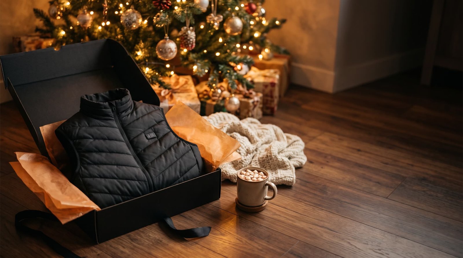Heated vest in a gift box by the Christmas tree