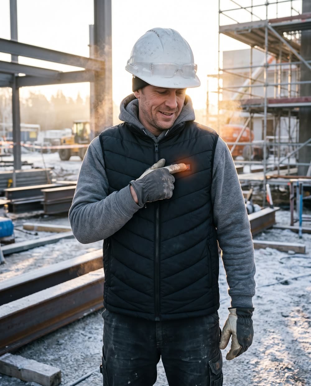 Construction worker pressing the button on his heated vest at sunrise
